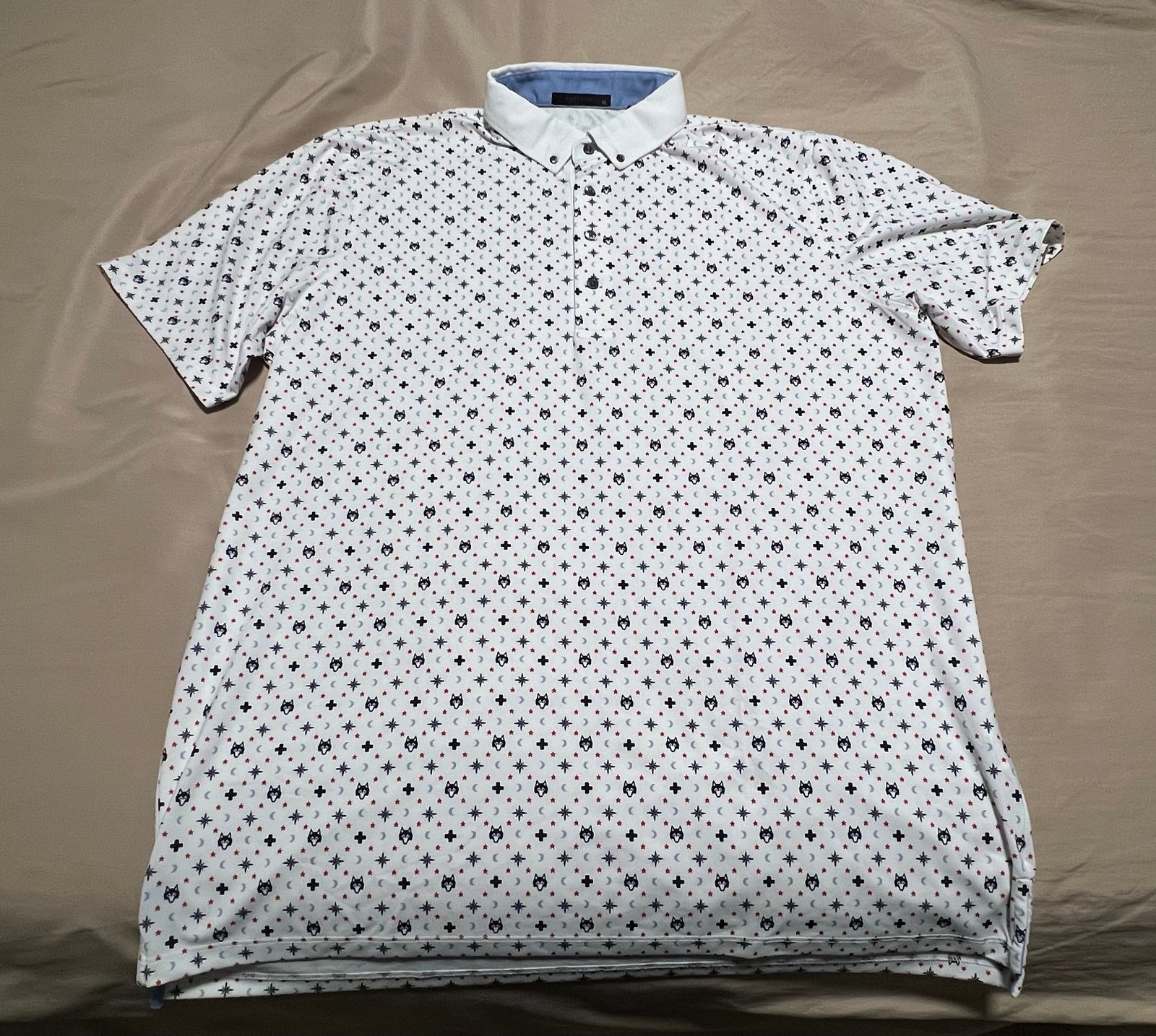 Greyson Golf Tennis Polo Wolf All Over Logo Design White Blue Geometric Mens XL