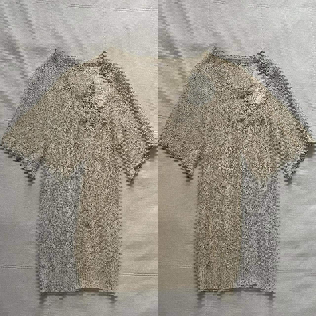 Axes femme Cream white flower knit sweater short sleeve top