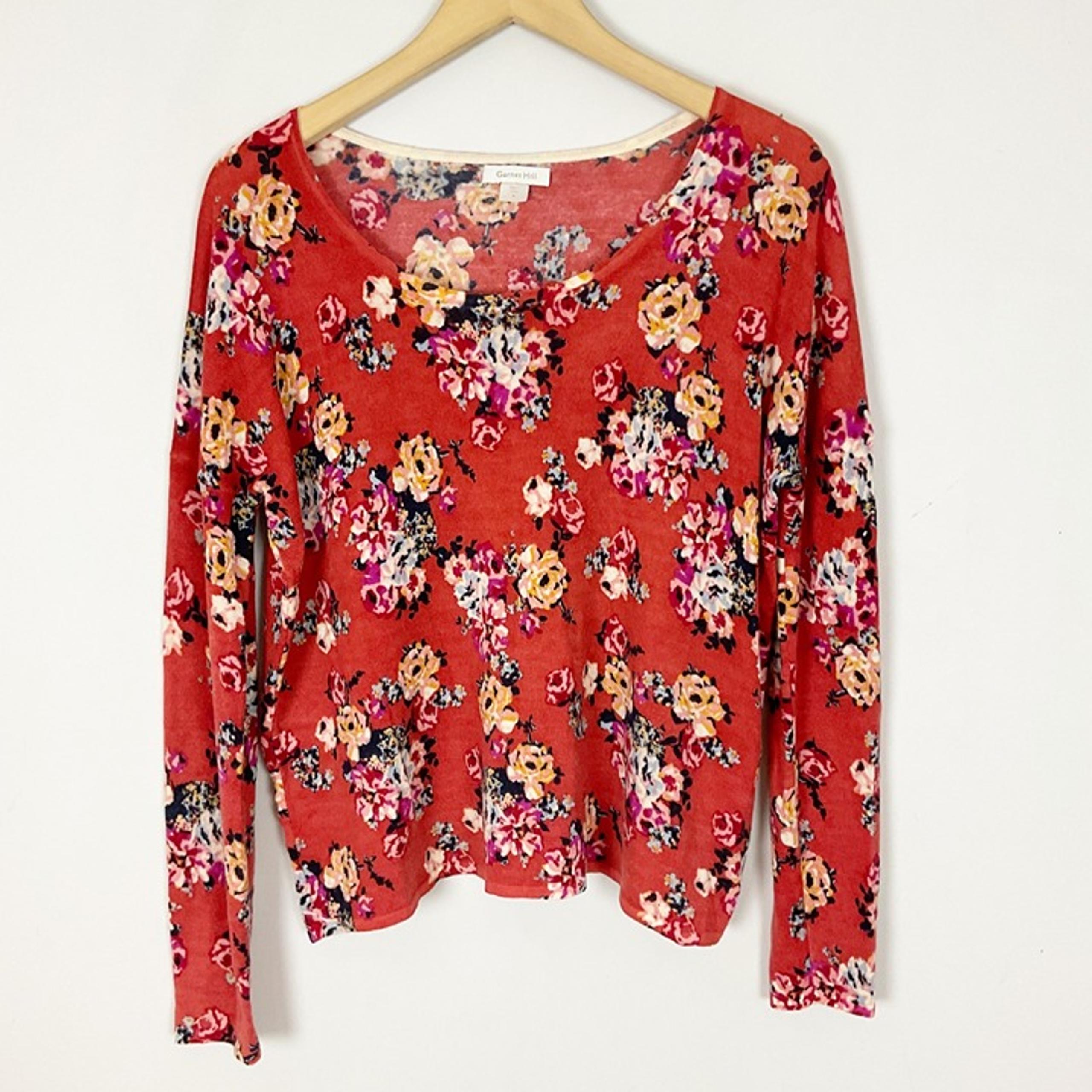 Garnet Hill Merino Wool Pullover Sweater Orange Floral Size Small Women's