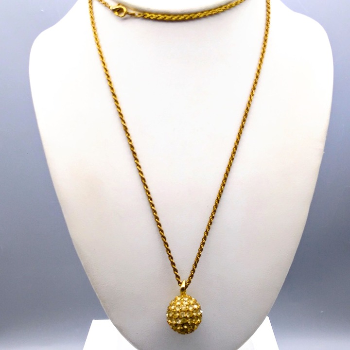 Vintage Pave Crystal Bead Pendant Necklace, Gold Tone Rope Chain