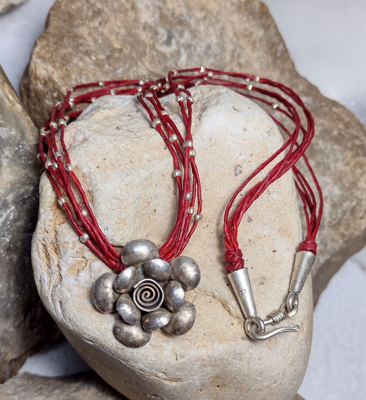Sterling Silver 3-D Flower Pendant Beaded Necklace