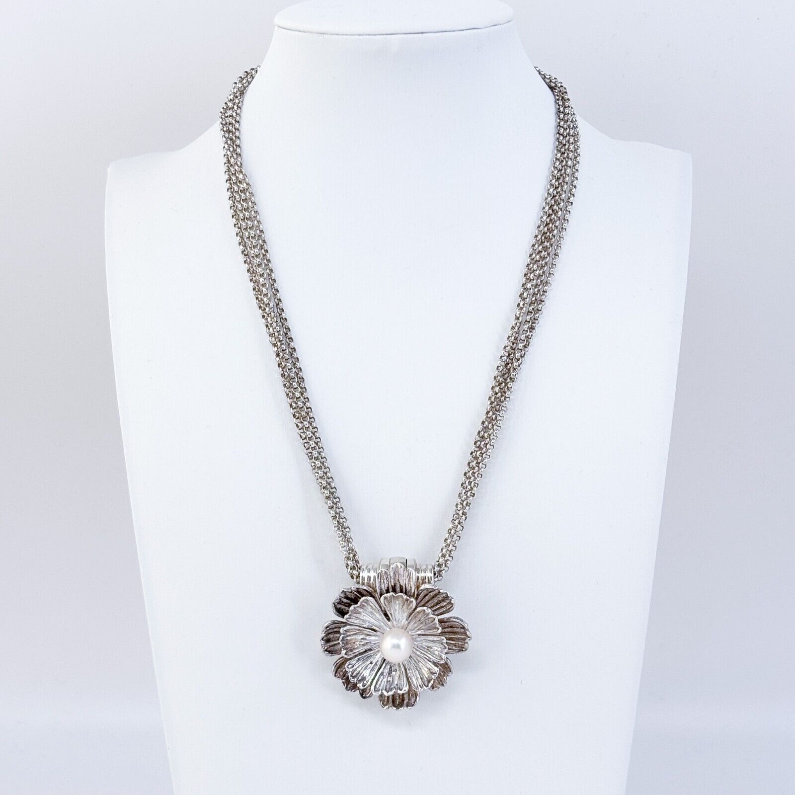 Vintage Esposito ESPO SIG Sterling Silver 925 Pearl Bib Floral Necklace 17