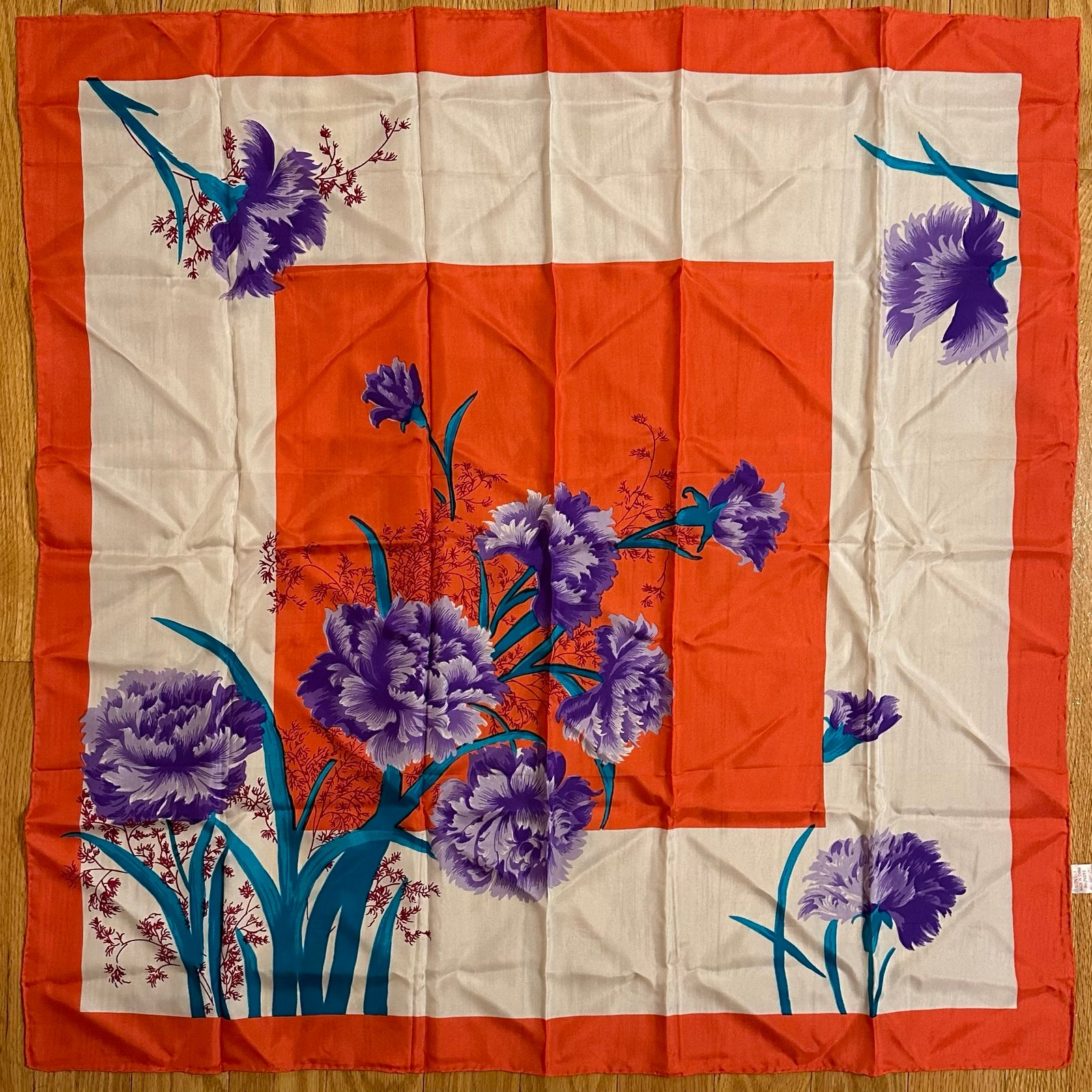 Vintage 70s Silk Floral Bandana SCARF Coral Purple Teal 32x32 handroll hems