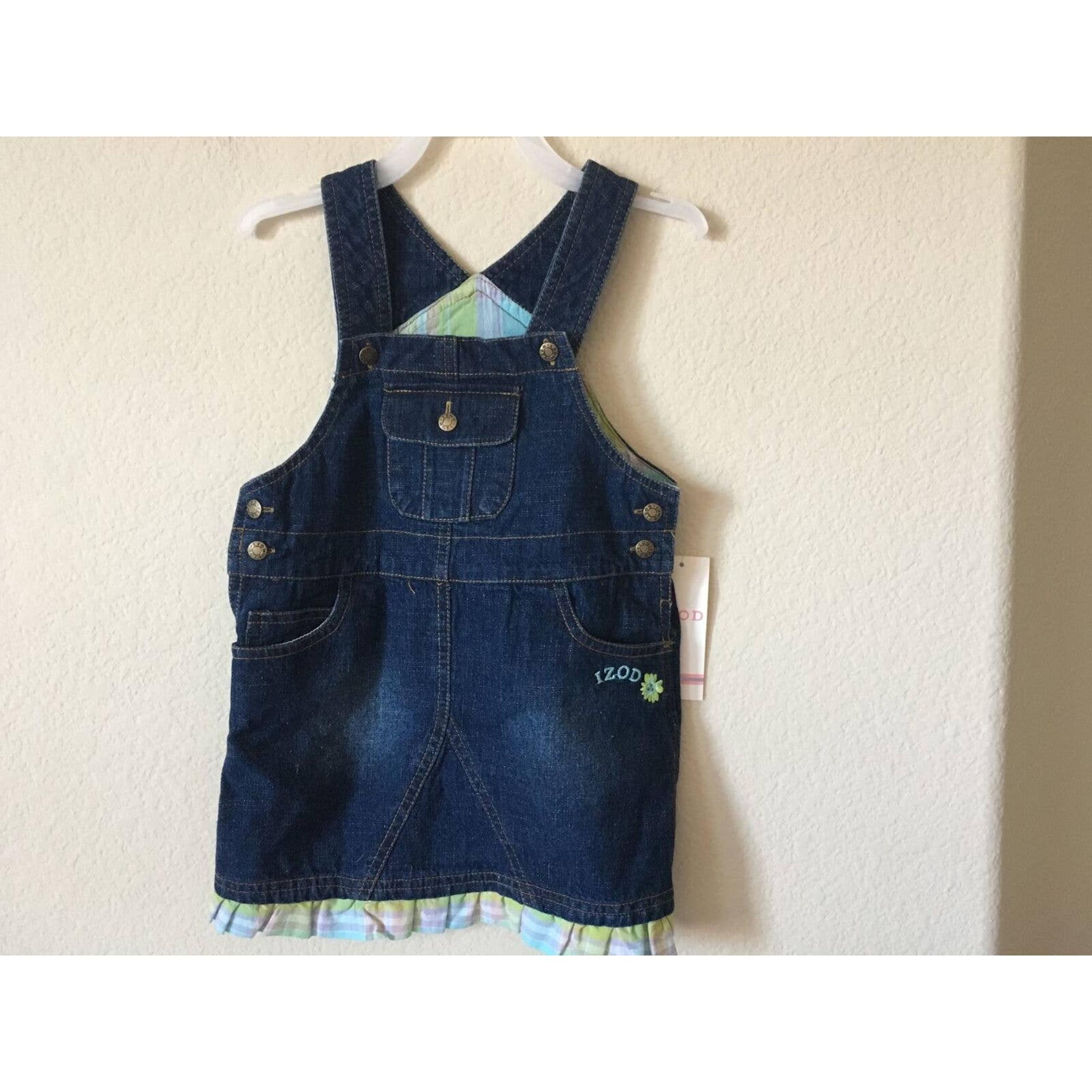 IZOD Blue Denim Jean Pockets Overall Green Purple Ruffle Trim Girls Dress Size 4