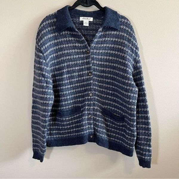 Eddie Bauer Women’s 100% Wool Blue Gray Striped Cardigan Large