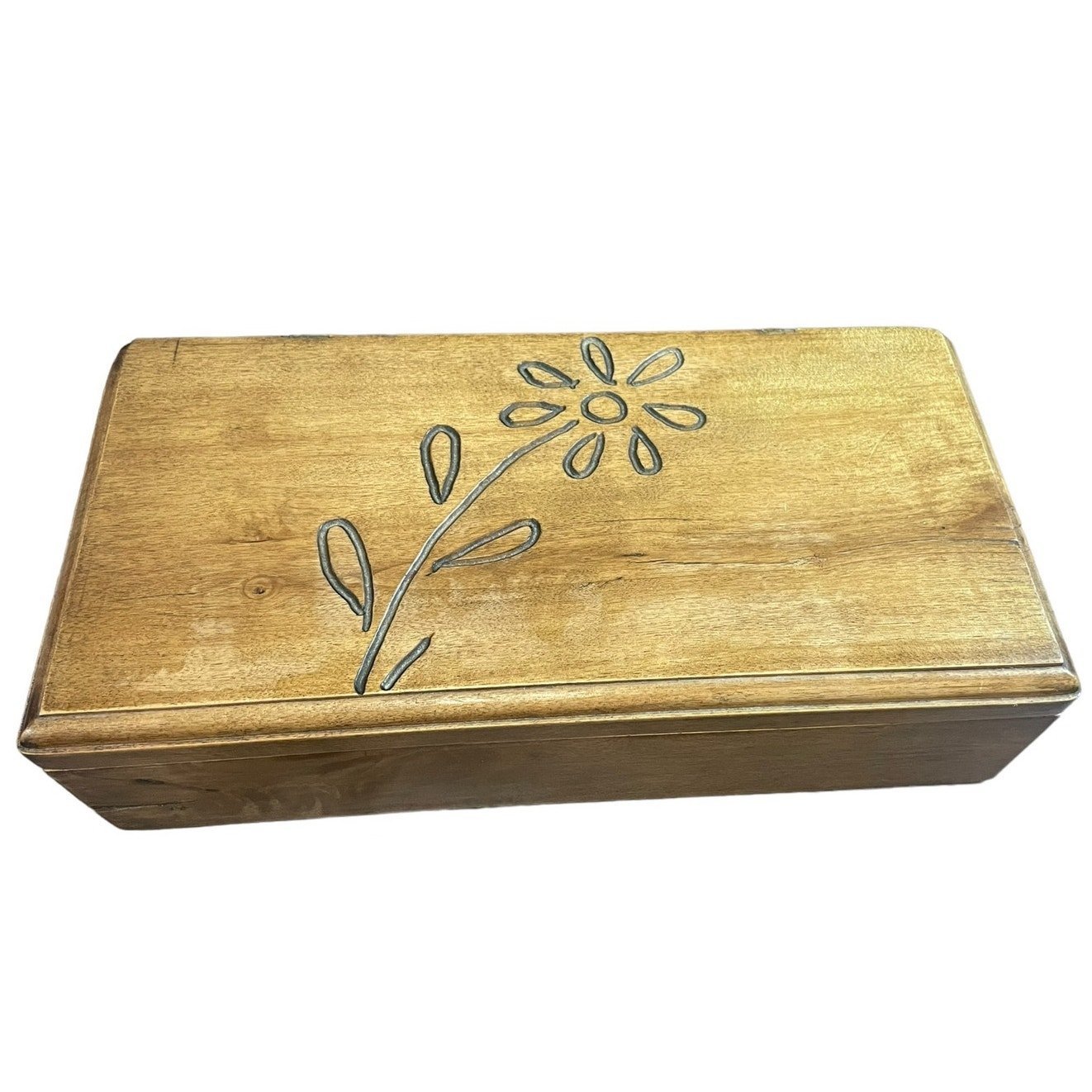 Vintage Primitive Hand Carved Flower Wooden Trinket Jewelry Box Hinged Heavy 12