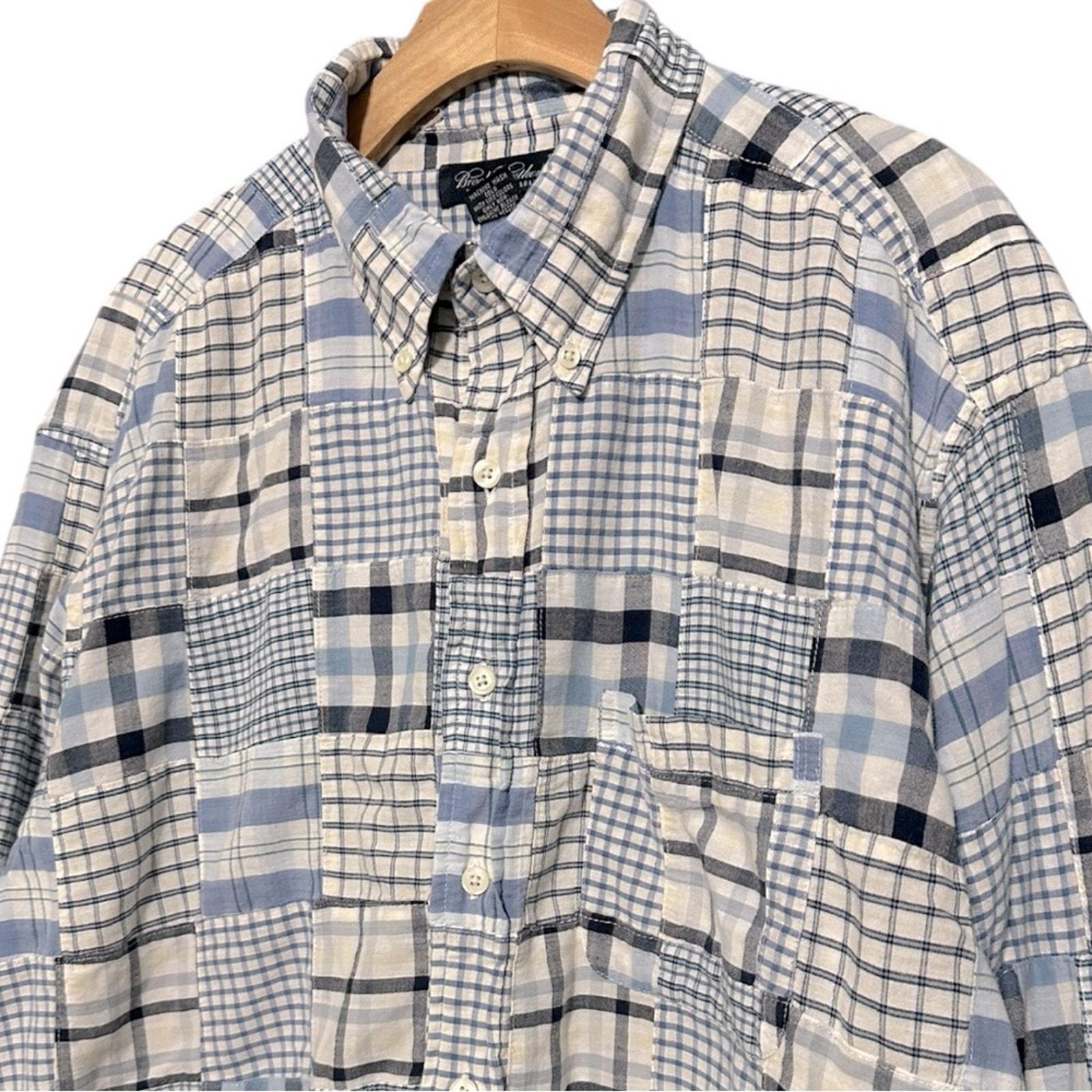 Brooks Brothers Vintage XL Blue White Patchwork Madras Cotton Button Down Shirt