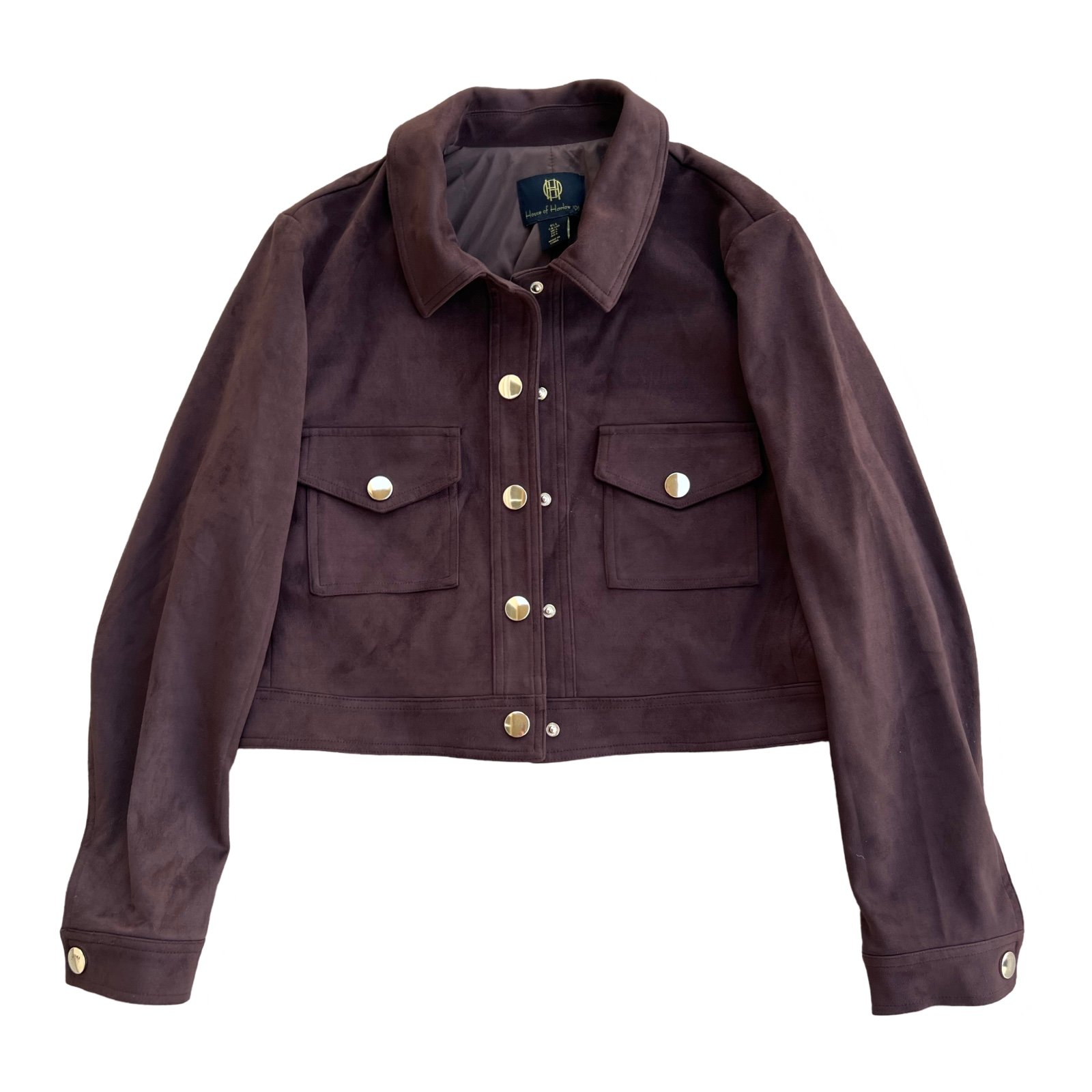 House Of Harlow 1960 Brown Microsuede Cropped Button Front Trucker Jacket L NWOT