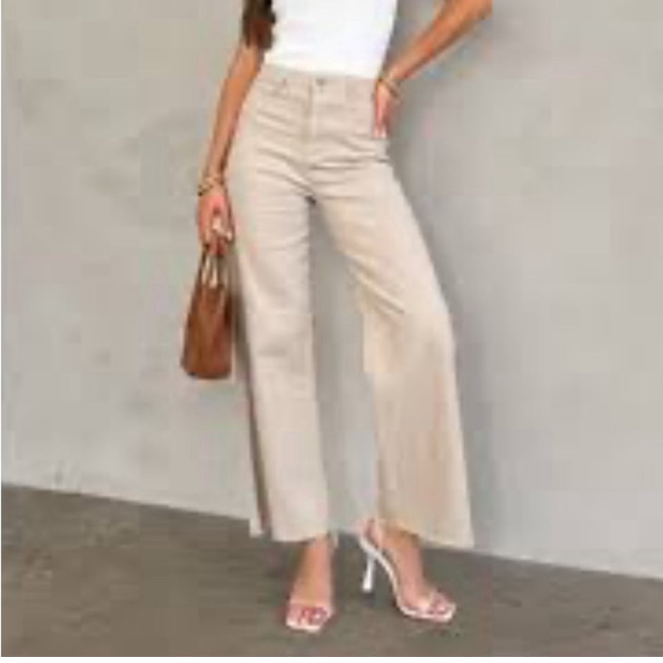 NWT Anniewear Wide Leg Raw Hem Khaki Chai Denim Pants Sizes XL