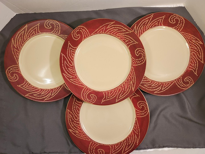 Set of 4 Pier 1 Imports Matira Dinner Plates with Flower Flame Sun Swirl Edges