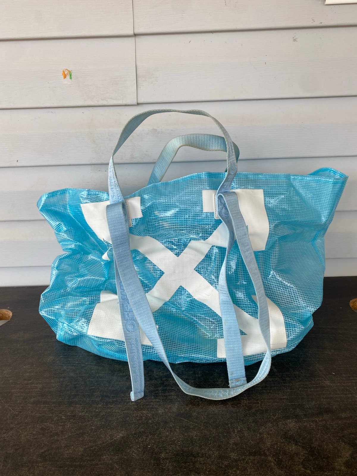 Off white canvas arrows blue commercial tote