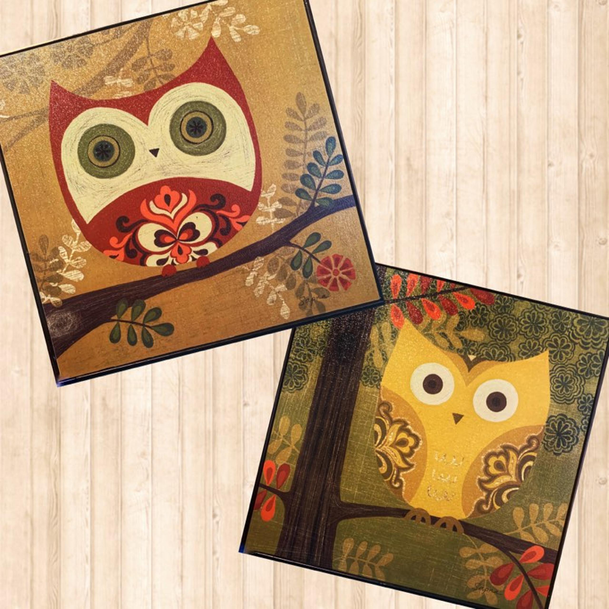 Retro Style 70's Owl Wall Art x2