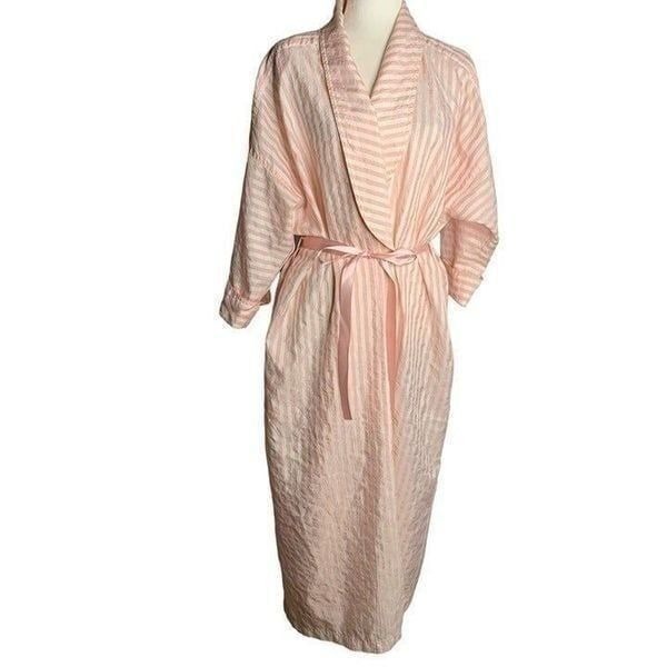 Vintage 80s Full Length Lightweight Robe M Pink Striped Saks Fifth Avenue
