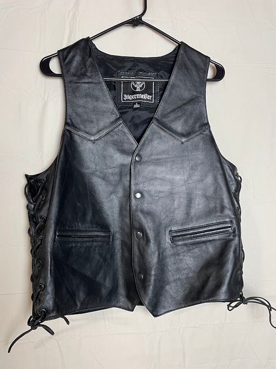 Jagermeister Black Leather Vest Size L Embossed Back Graphic Logo Side Laces