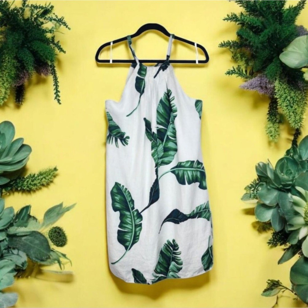 28 Palms Linen Dress Halter Neck White Hawaiian Leaves Print Shift Size M