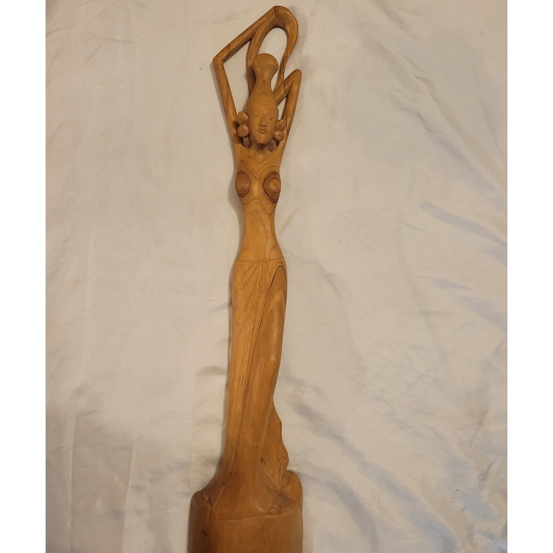 Vintage Balinese Hand Carved Teakwood Statue of a Nude Goddess, Woman 23 Tall