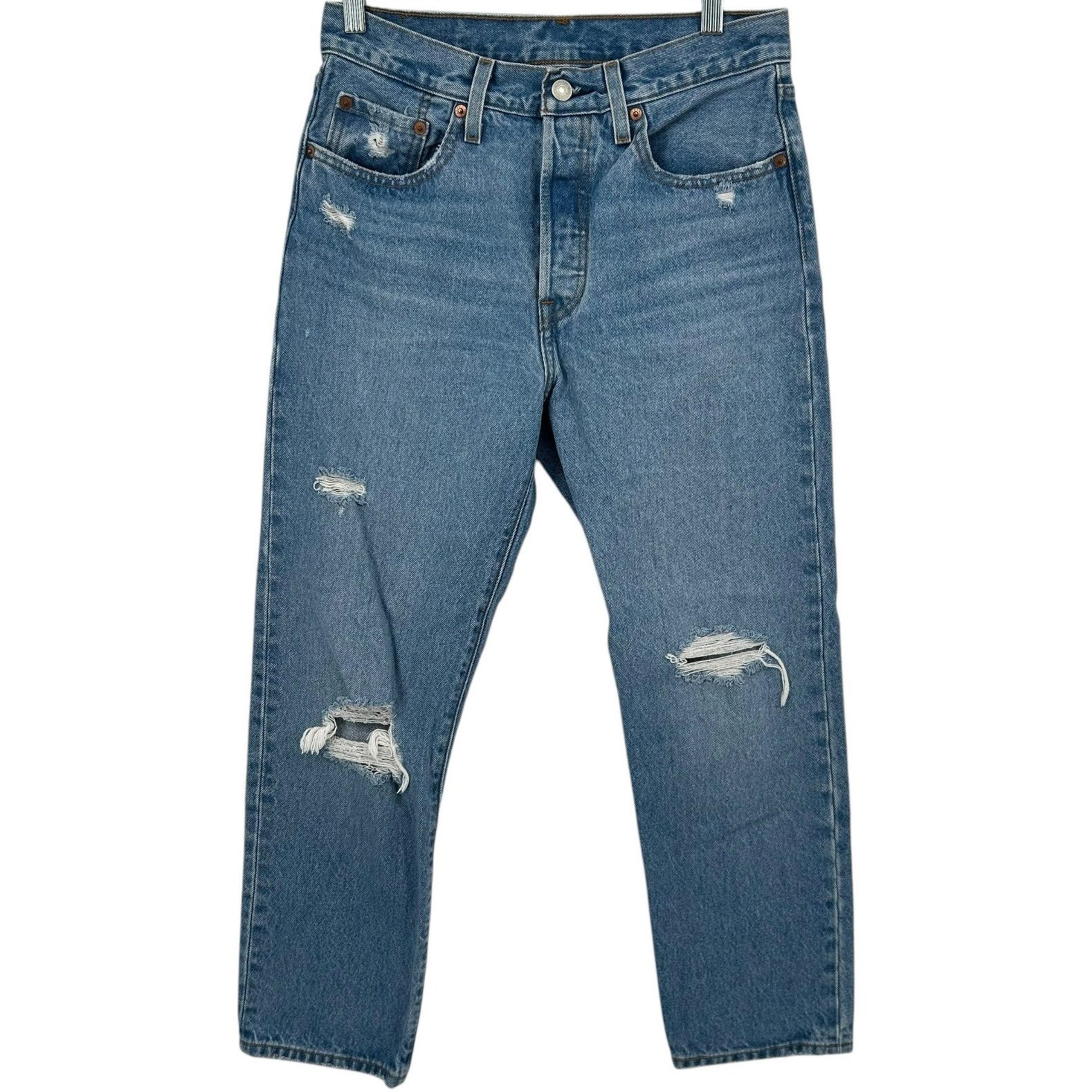 Women's distressed button fly cropped 501 high-rise blue denim mom jeans - Levi's