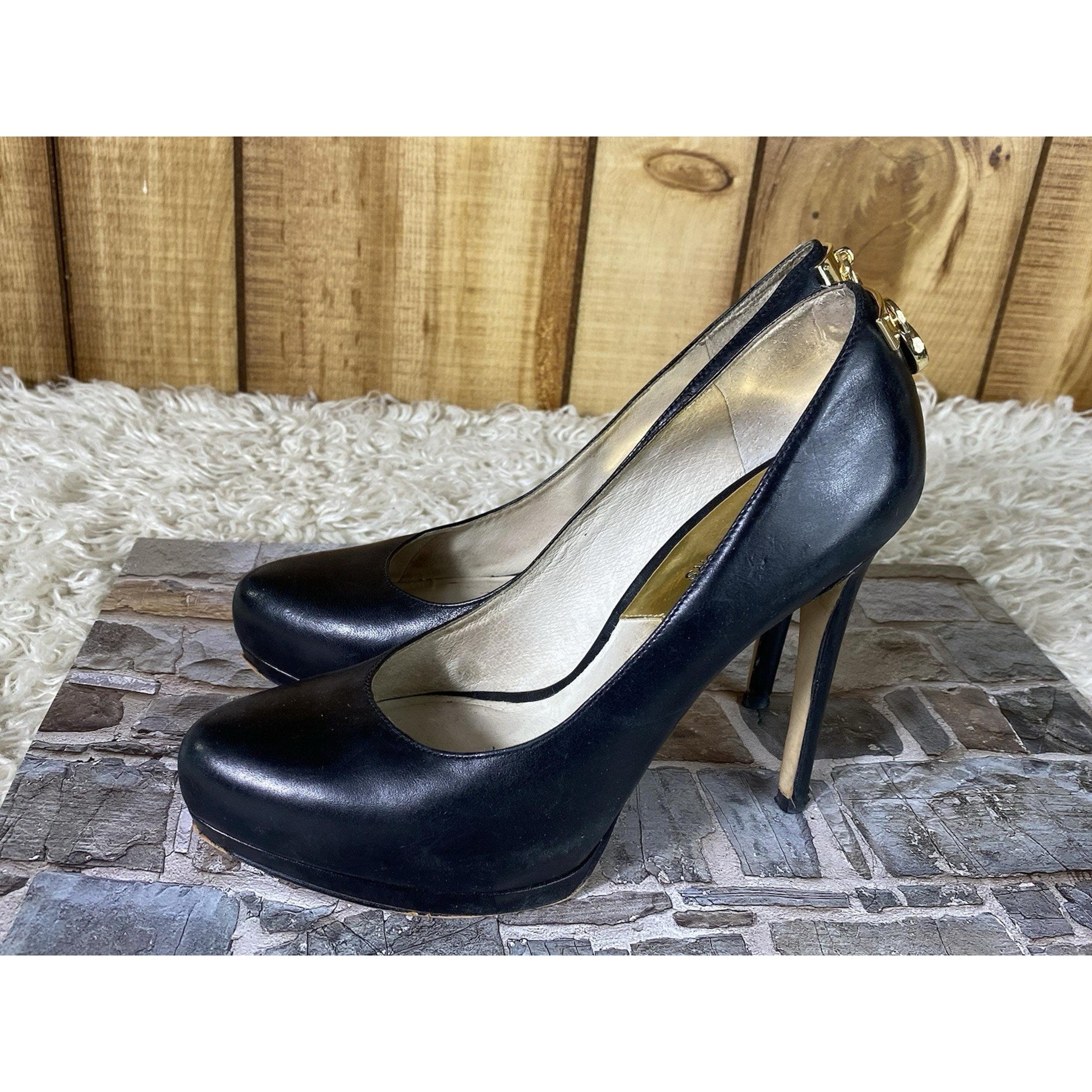 Michael Kors Women's Hamilton Pump Size 7 Platform Heel Black Leather Gold MK