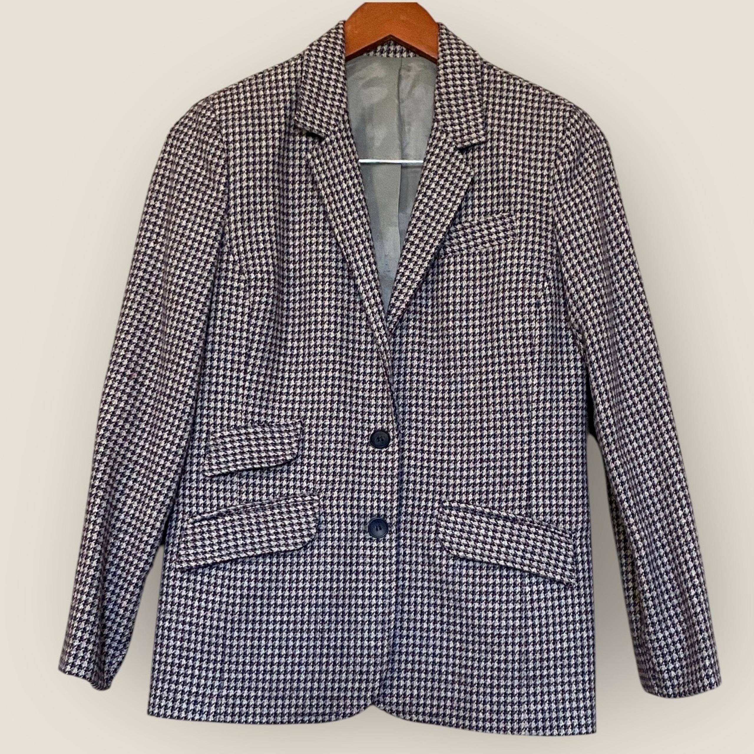 Vintage Women's Houndstooth Blazer Jacket Medium Blue Gray Academia Career USA - American Vintage