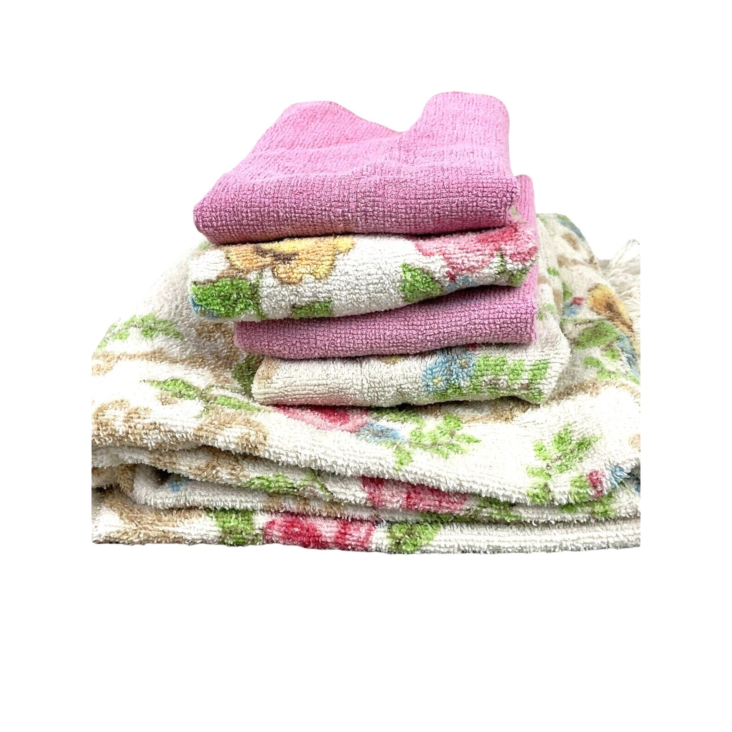 Vintage Lot 5 Cannon Towels – White Pink Roses Fringe Bath & Washcloth Set