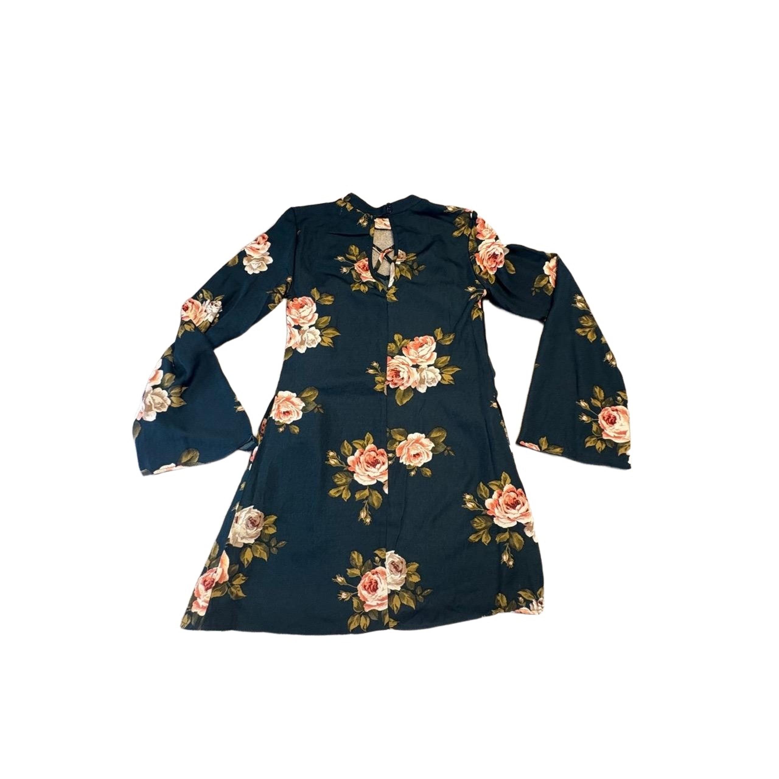 Womens Small Mini Dress Dark Green Floral Bell Sleeve Mock Neck - Band of Gypsies