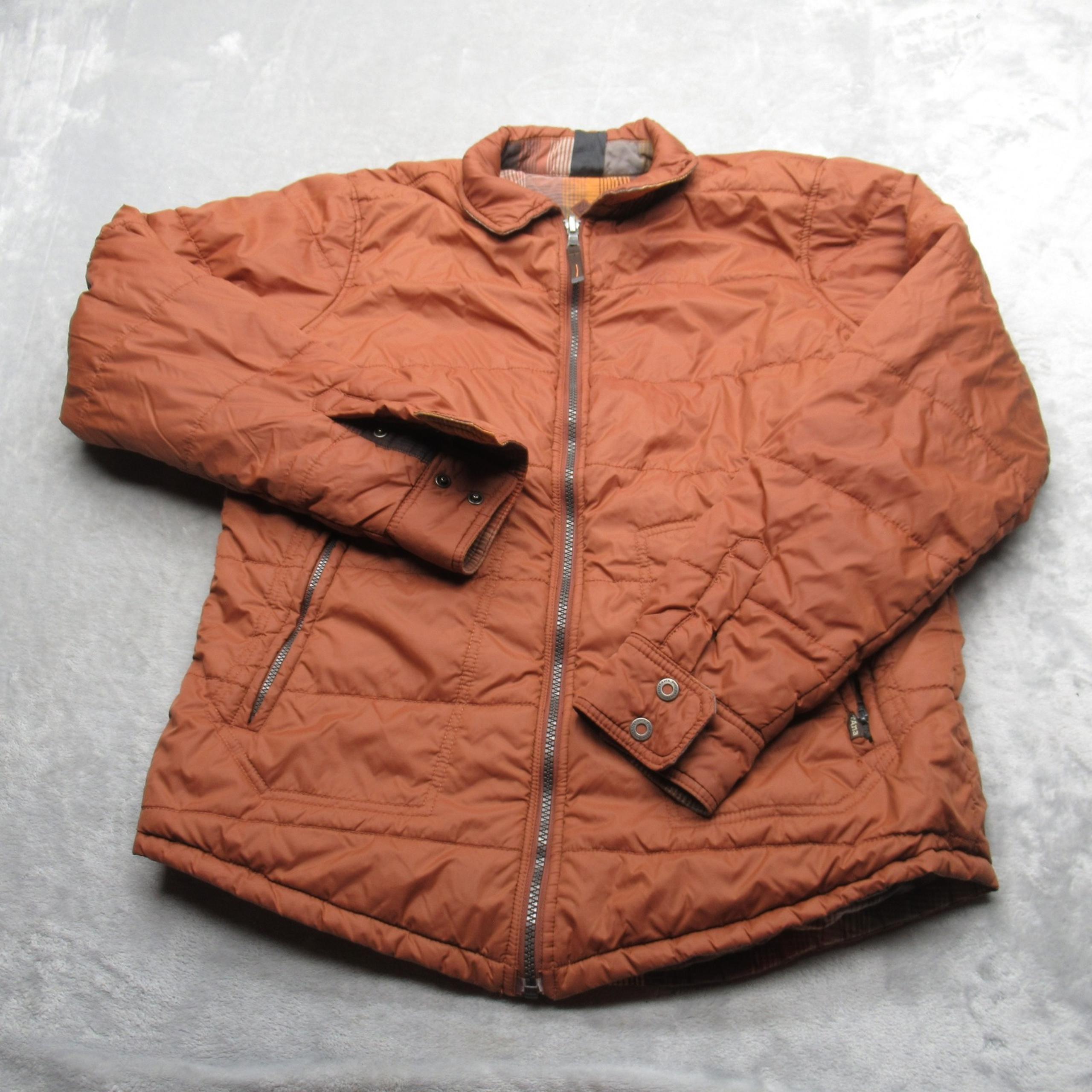 Prana Jacket Mens Medium Orange Plaid Pockets Reversible Full Zip Quilted Puffer
