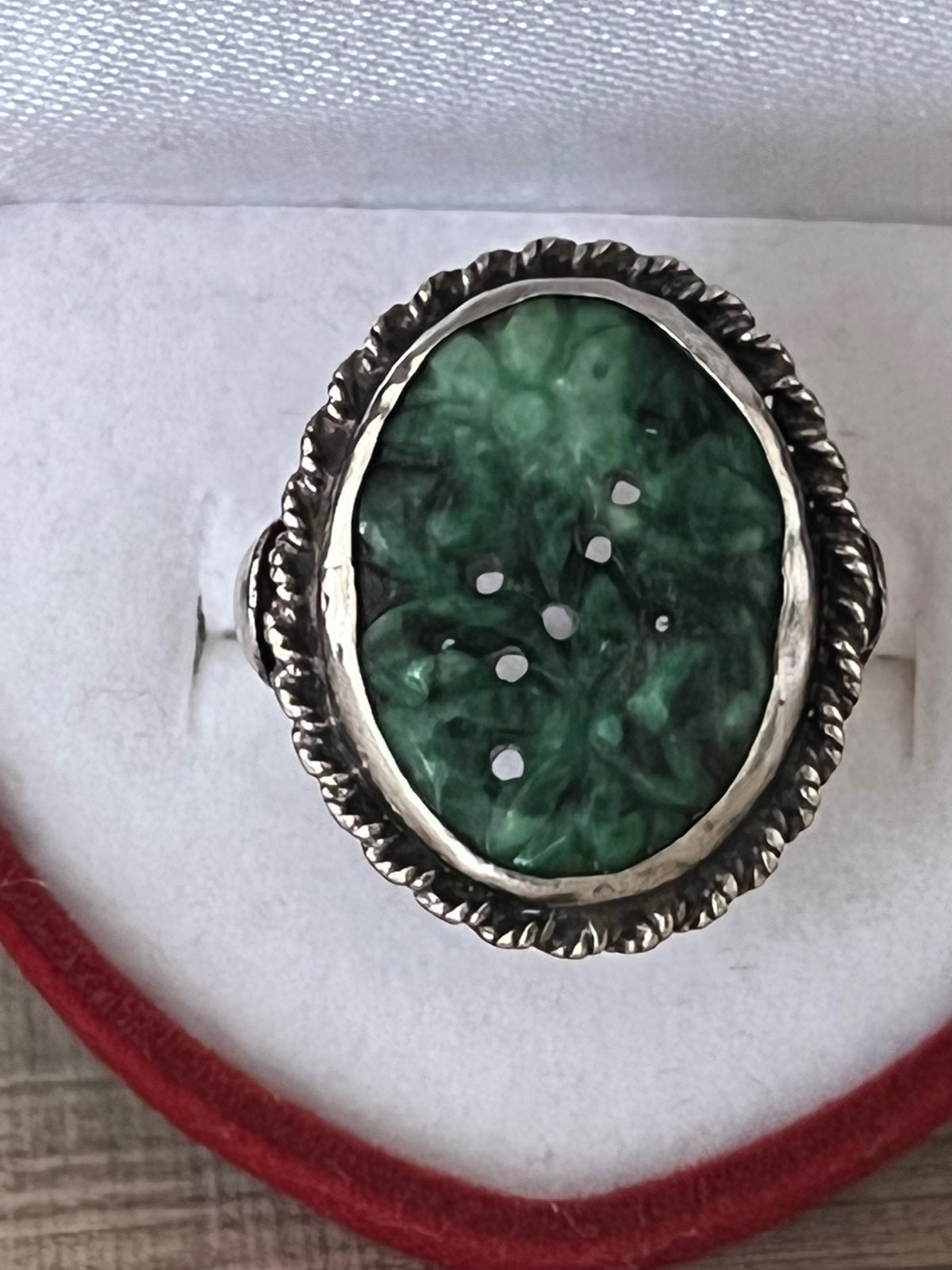 ANTIQUE ORIGINAL ART DECO CARVED PIERCED SPINACH JADE RING STERLING SILVER