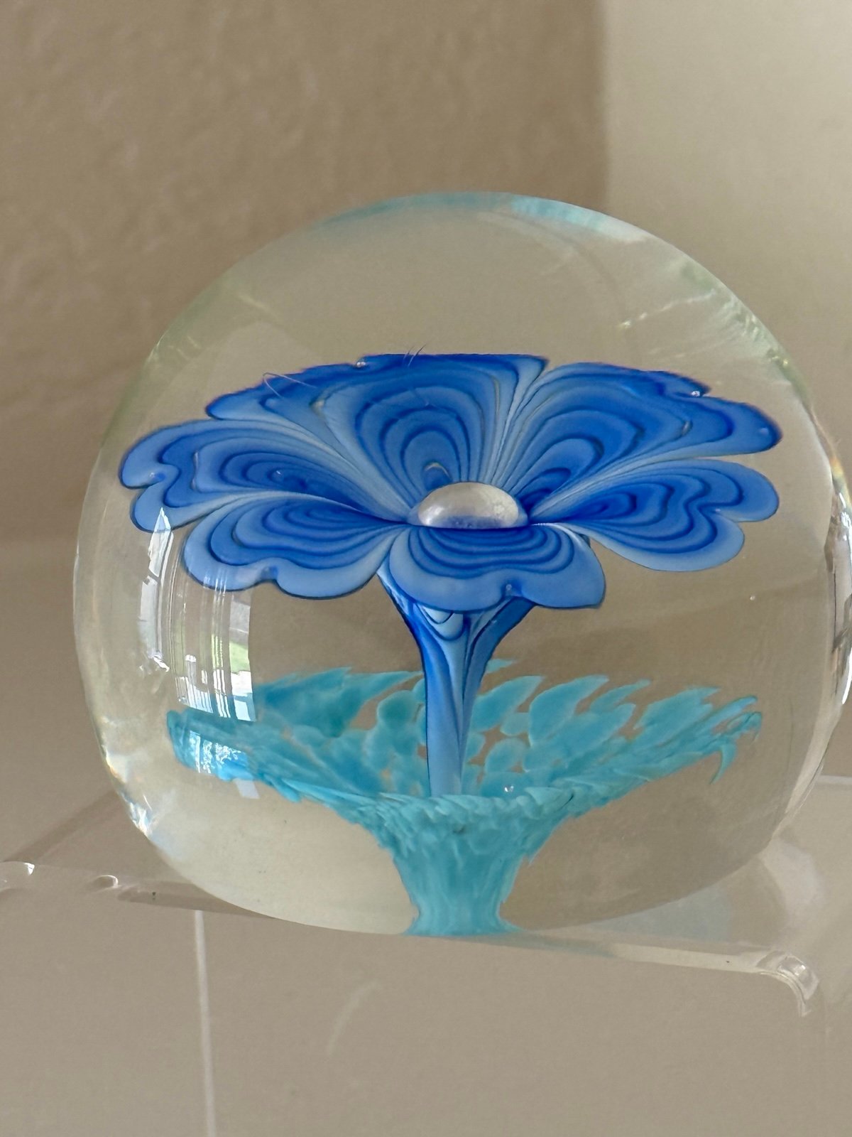 Vintage Suspended Blue Flower Art Glass Paperweight Air Bubble & Swirl Details