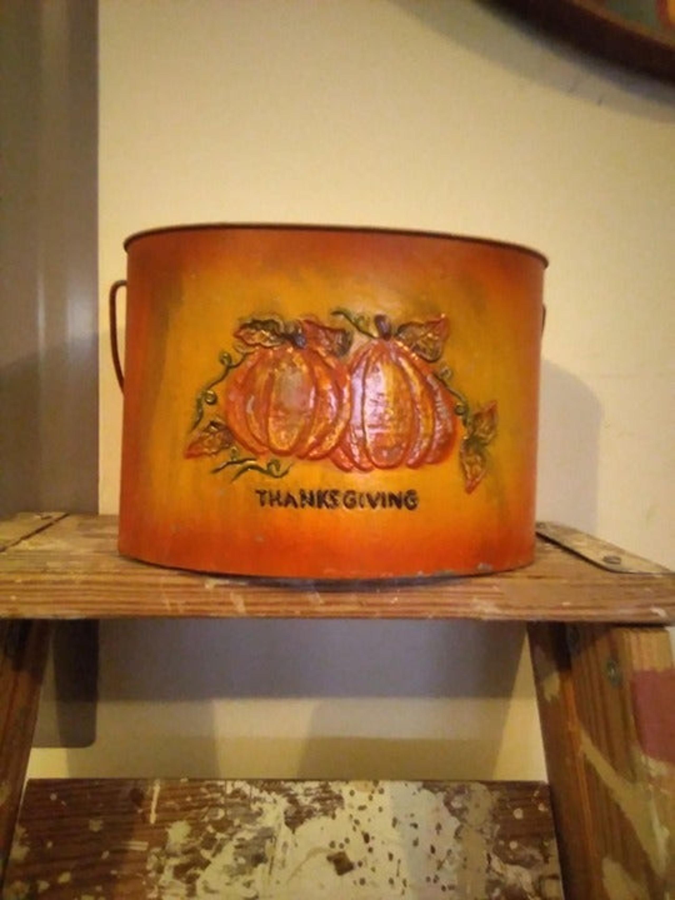 Vintage Holiday Time Fall/ Harvest Metal Tin With Handle Medium Size Nice