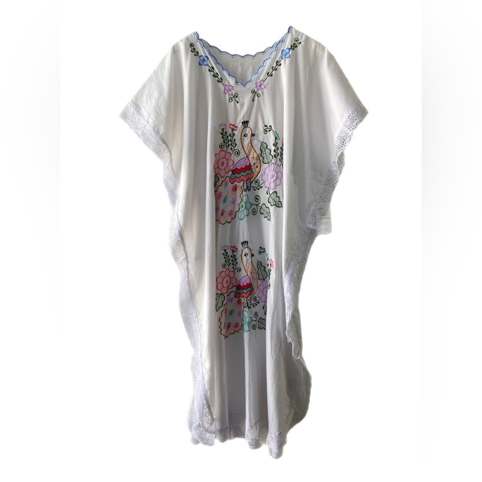 Vintage Embroidered Caftan OS Cotton Peacock White Lace