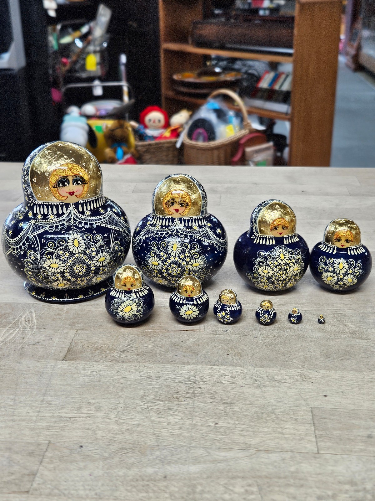 10 Matryoshka dolls, beautiful blue lace pattern, hand painted and signed.