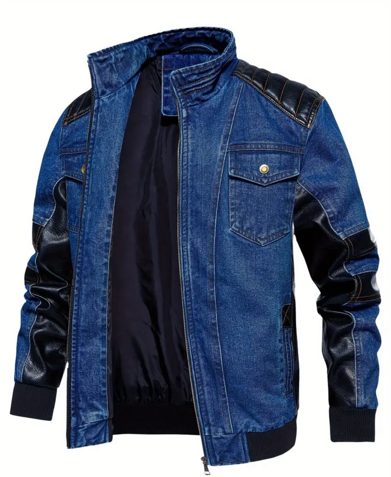 Vintage Color Block Denim & PU Jacket