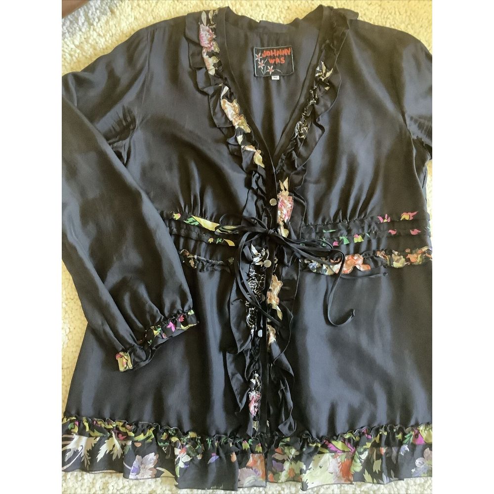 Johnny Was Black Silk Shirt Size Medium