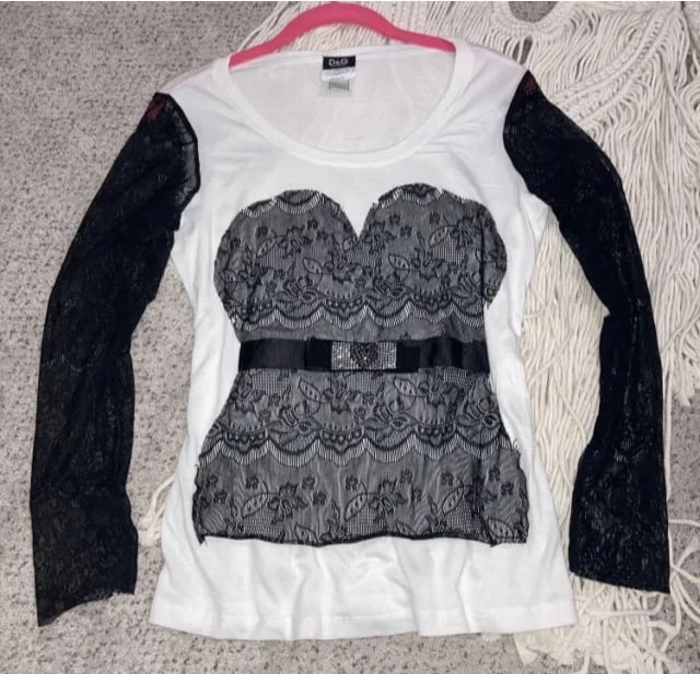 Dolce & Gabbana D&G Lace Sleeve Black White Corset Blouse Top