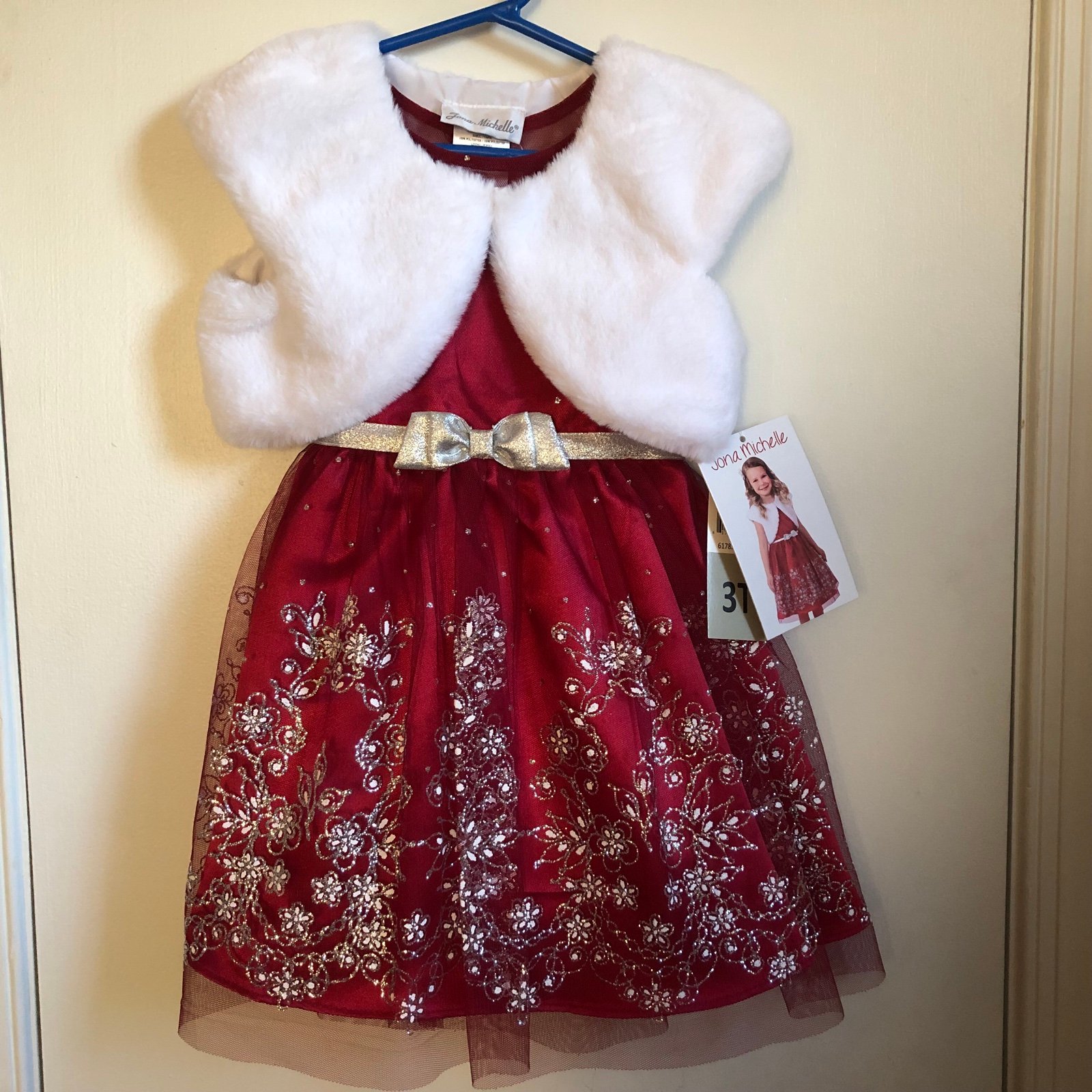 Jona Michelle Red Dress Holiday Tulle Glitter Faux Fur Jacket
