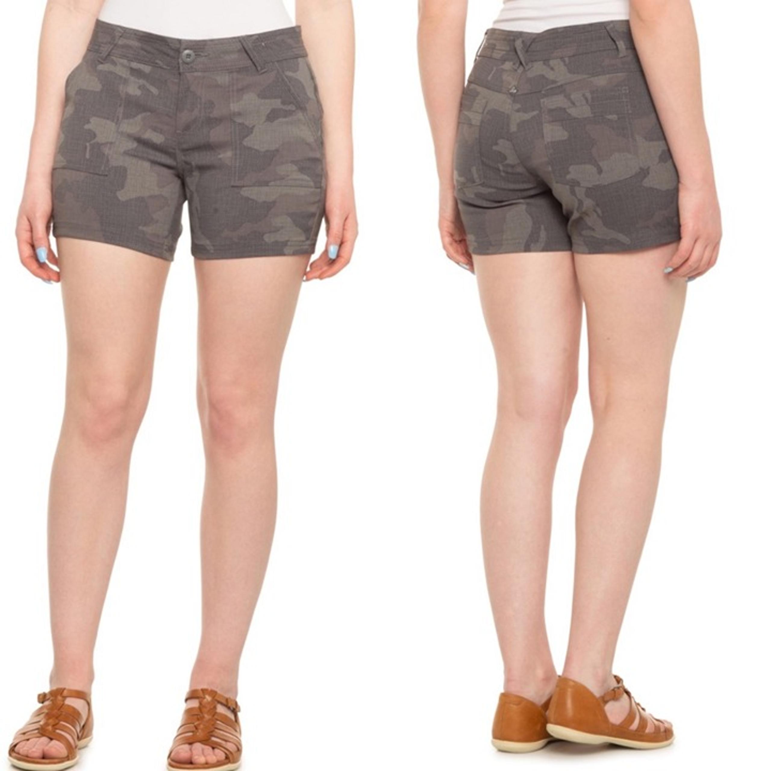 PrAna Womens NWT Gravel Camo Gray Mid Lightweight Stretch Olivia Shorts Size 4