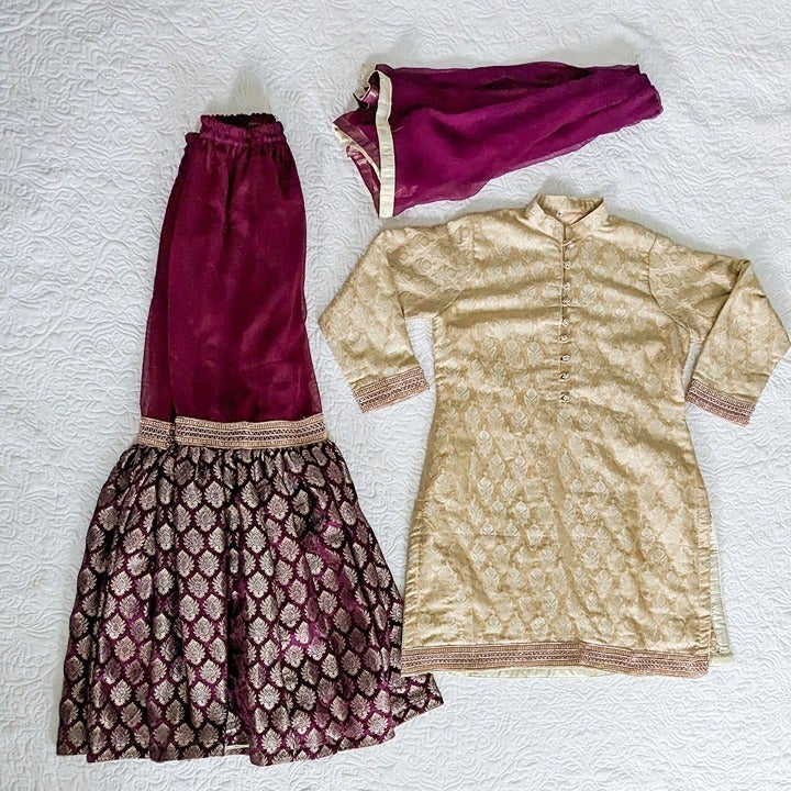 Women's Pakistani 3-Piece Ghagra Kurti Outfit - Medium, Gold/Purple