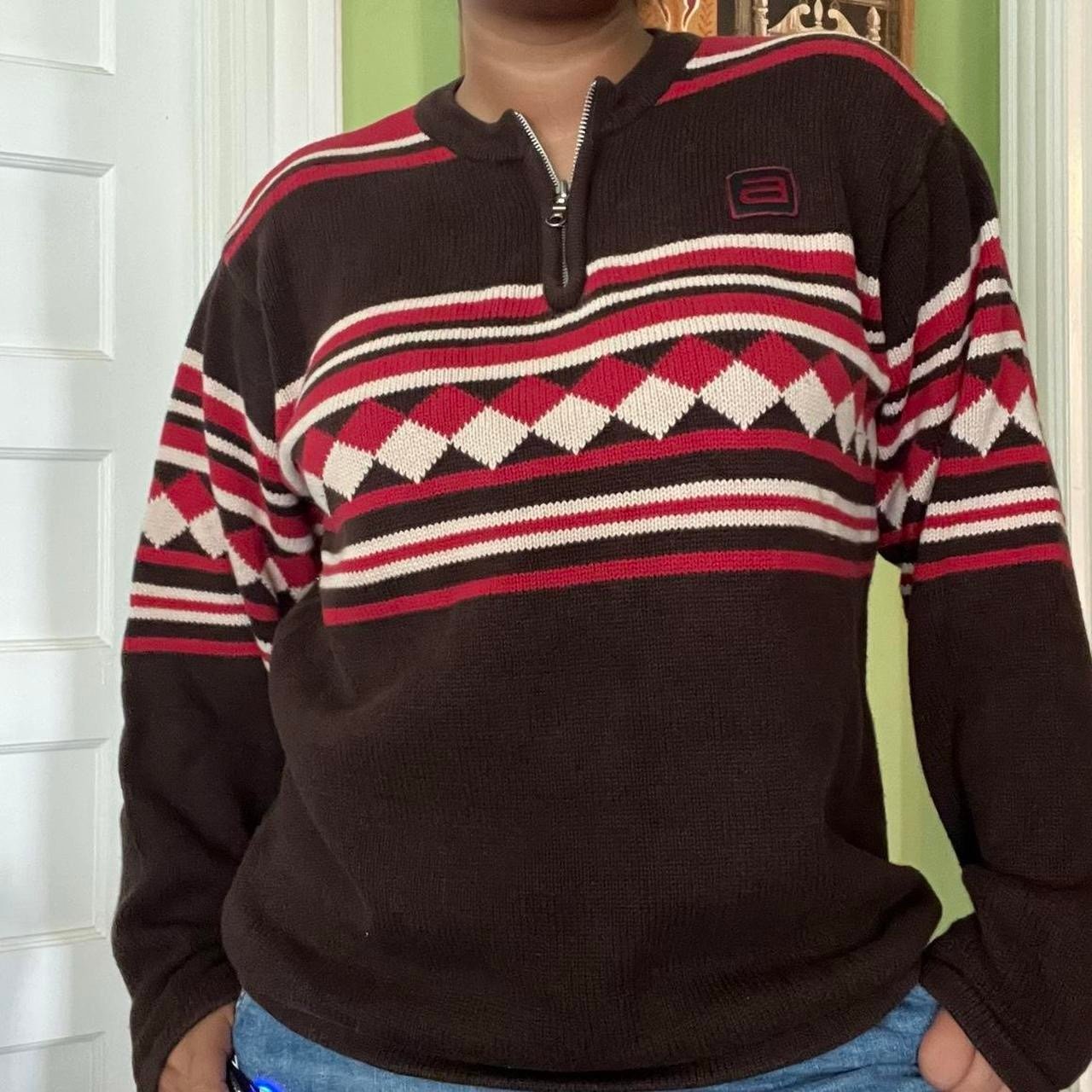 Vintage 90s Brown and red geometric striped quarter neck grandpa sweater