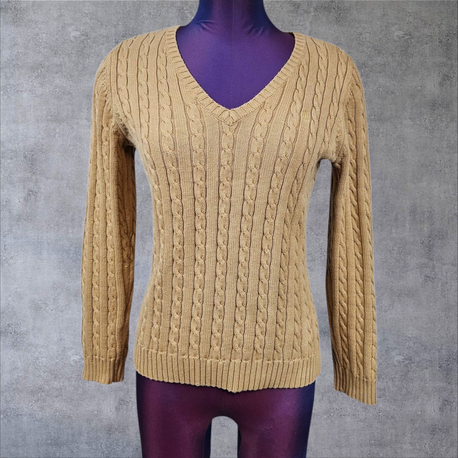 Ralph Lauren Gold V-Neck Cable Knit Preppy Sweater Size Small Women's B40