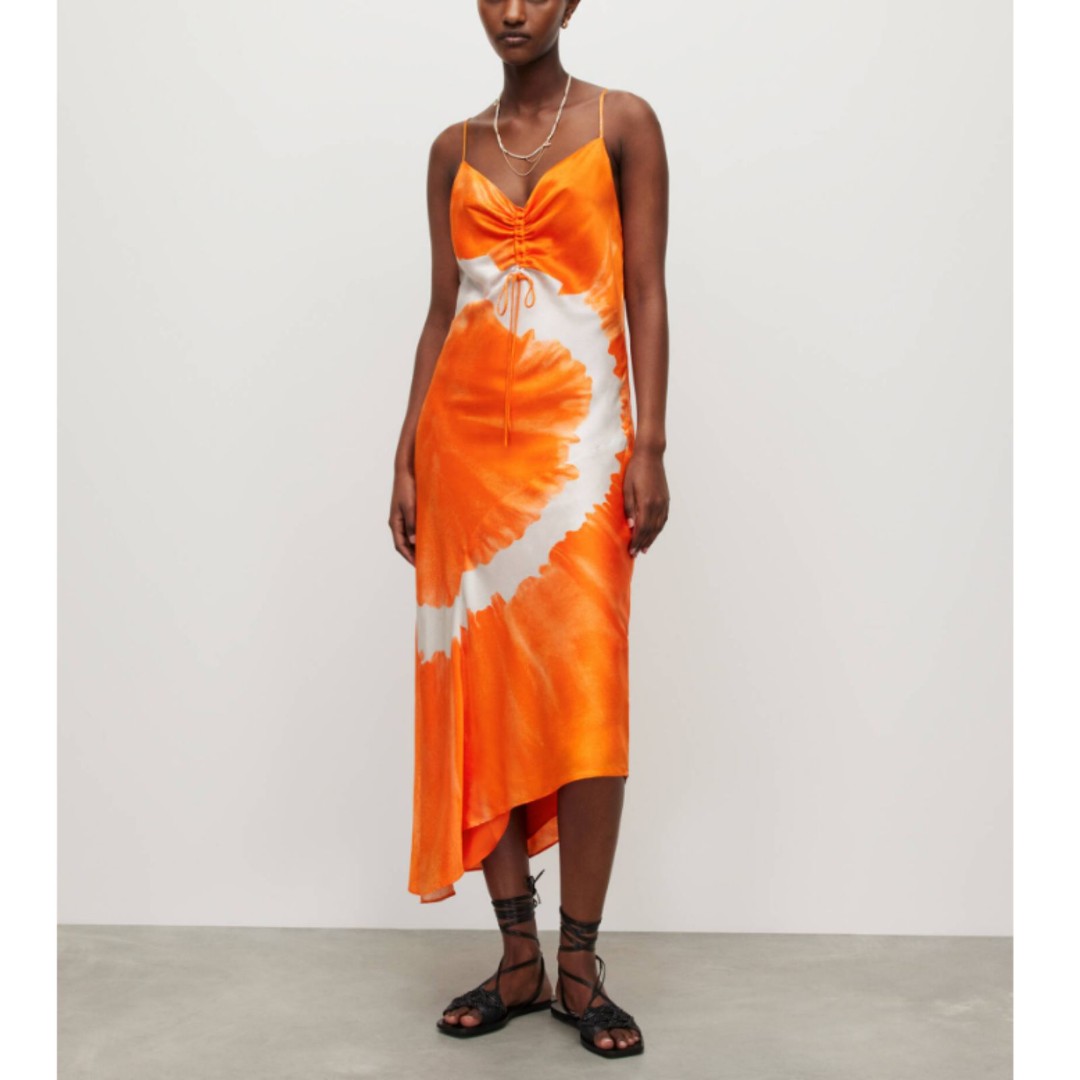 All Saints Women's Size 4 Orange Tiedye Alexia Silk Blend Mariana Midi Dress NWT