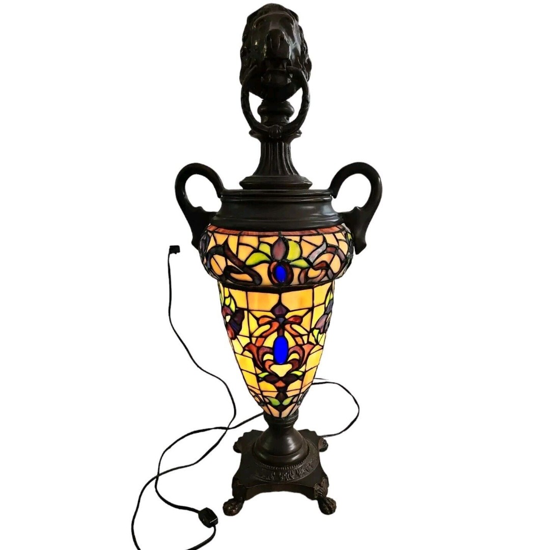 28 Tiffany Style Double Handle Urn Lamp Lion Head Knocker Finial Claw Feet