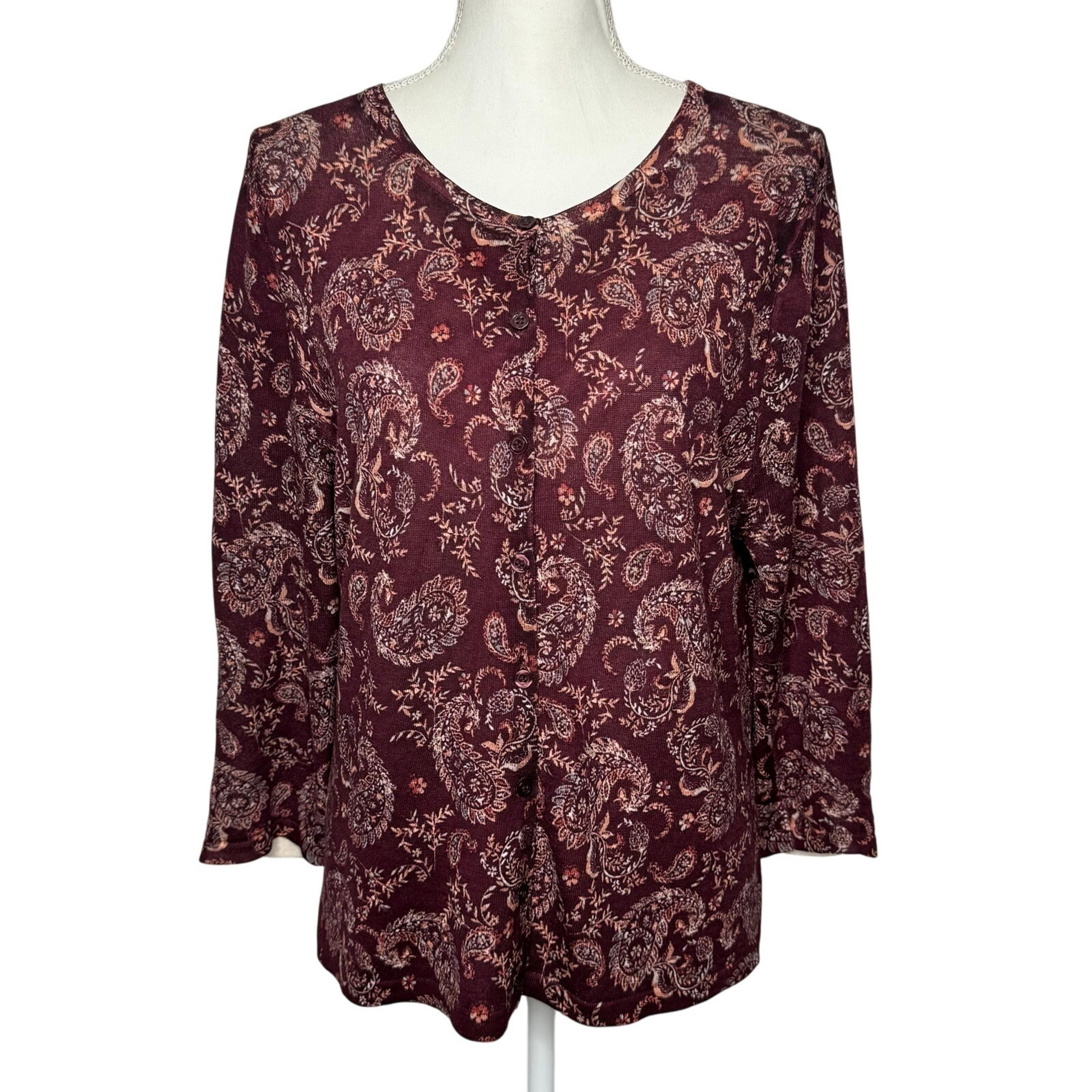 Garnet Hill Button Front Cardigan Size Large Burgundy Paisley Print Merino Wool