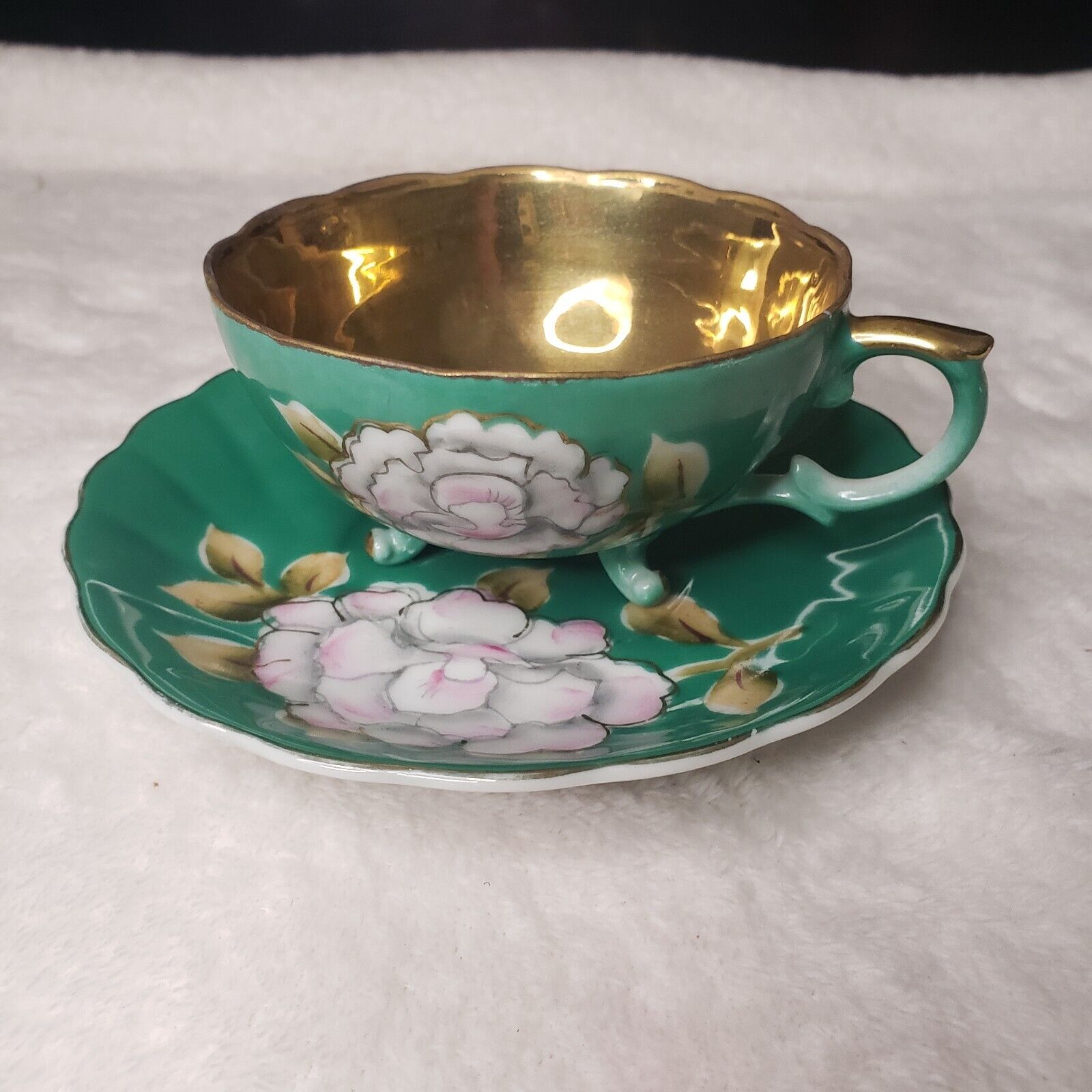 Royal Carlton teacup and saucer 7852 Green With Pink Flower Gold Trim & Inside