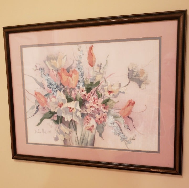 1987 Floral Profusion Cross Stitch by Dimensions. Barbara Mock design. Framed