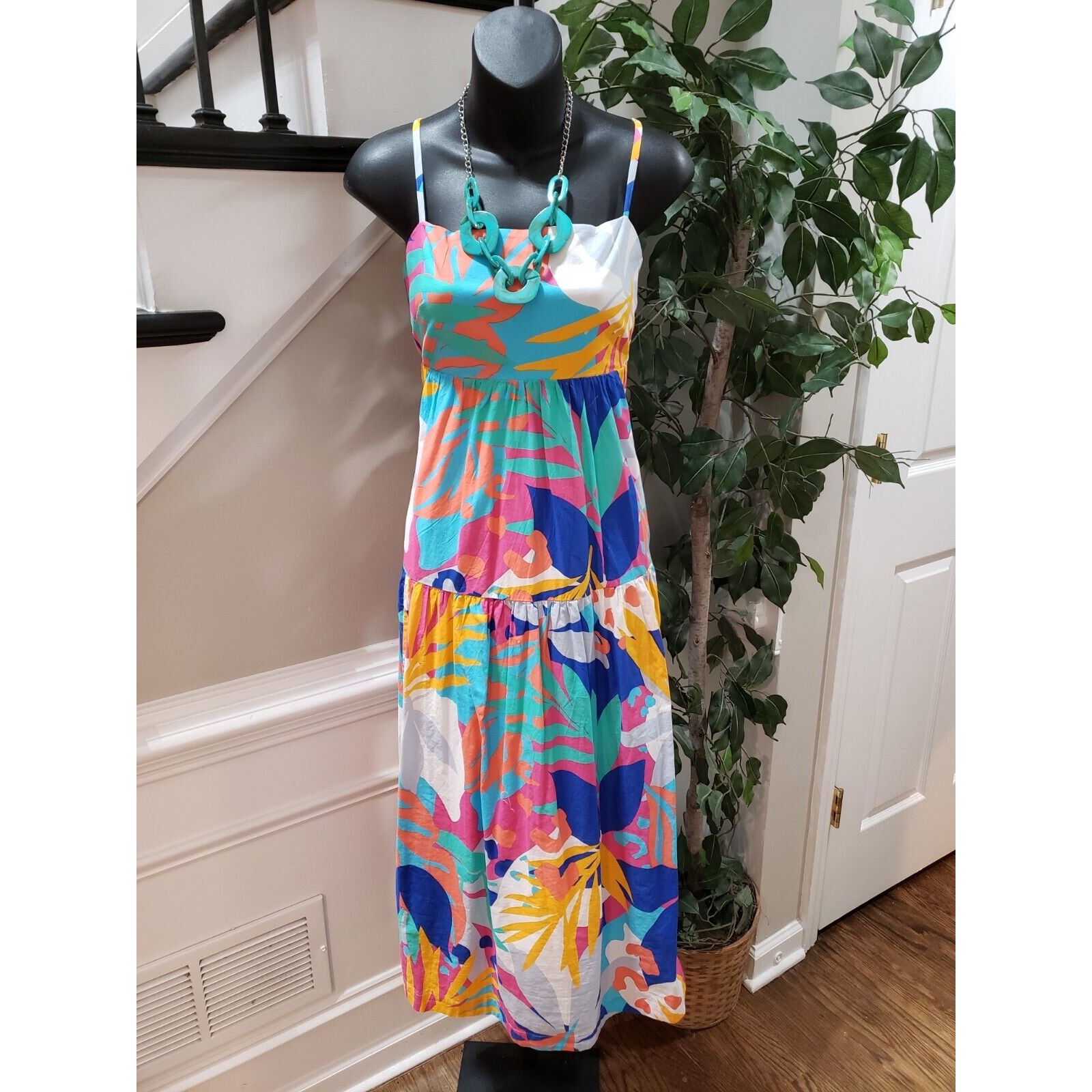 J.CREW Women's Multi Geo Print Pleated Square Neck Sleeveless Long Maxi Dress 6