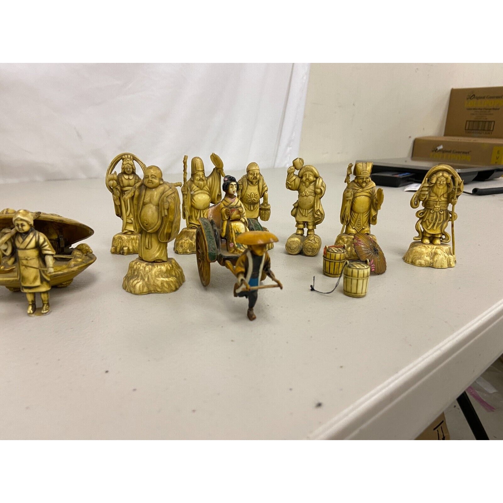 Seven Lucky Gods of Fortune Figurines Vintage Japanese Ceramic Complete Set