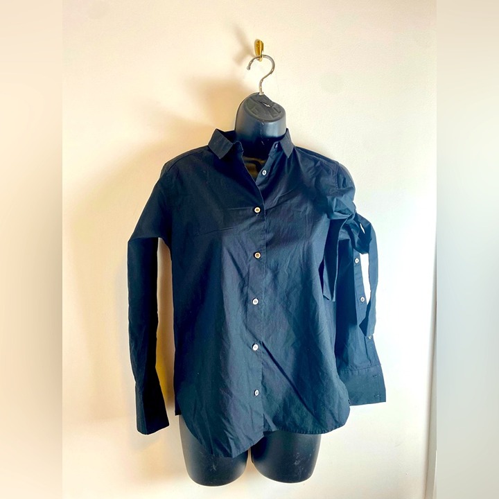Black cotton button down blouse bow cut out Ray Beams