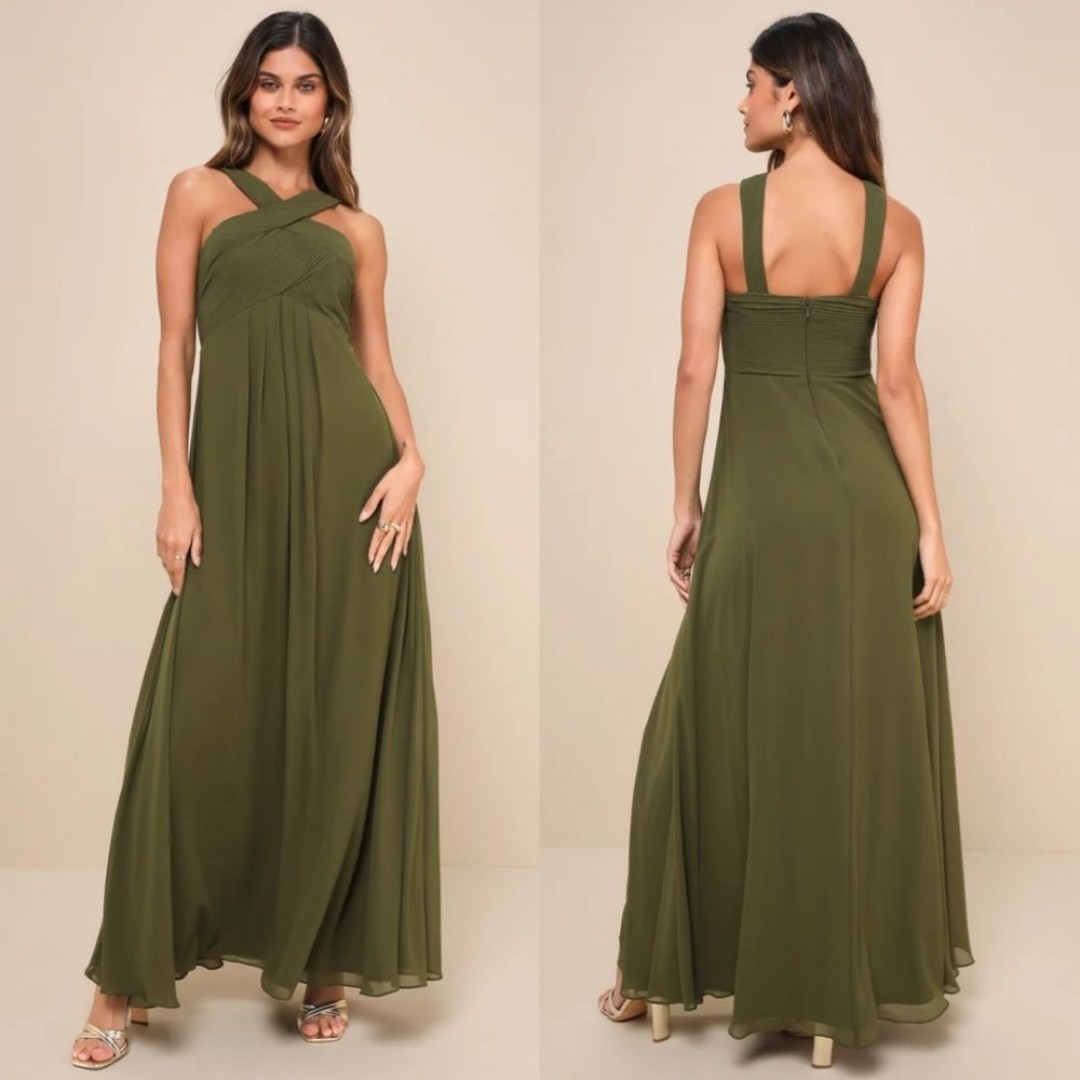 Lulu's Momentous Elegance Olive Green Pleated Halter Maxi Dress M Wedding Party