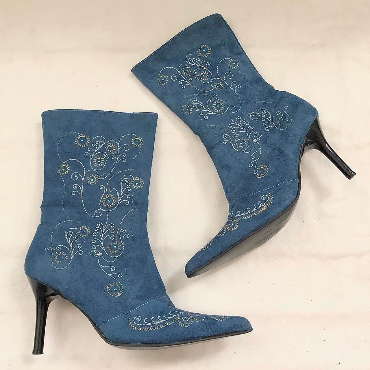Blue western country boho fabric suede ankle boots floral embroidery pointed toe