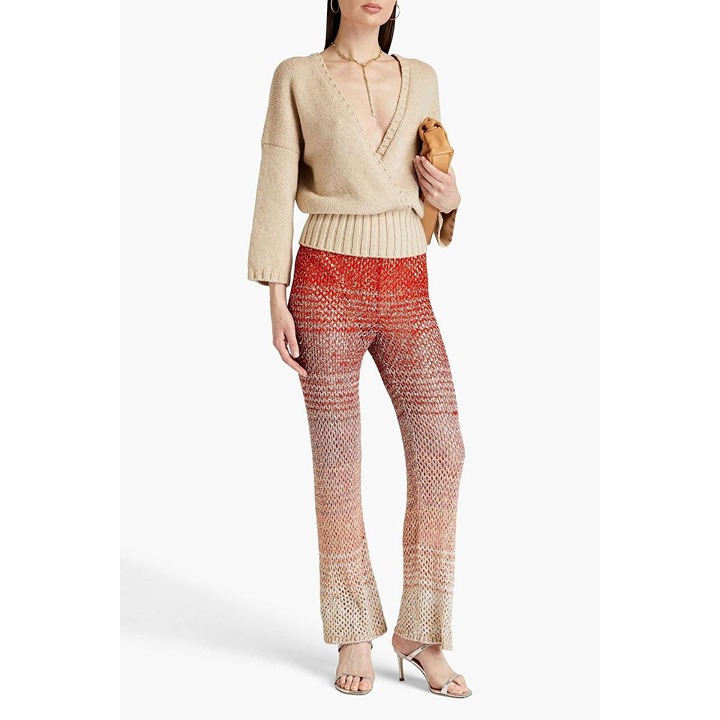 Missoni Sequin Striped Metallic Sheer Pants Red Silver Knit Size 42 US 6 NWOT